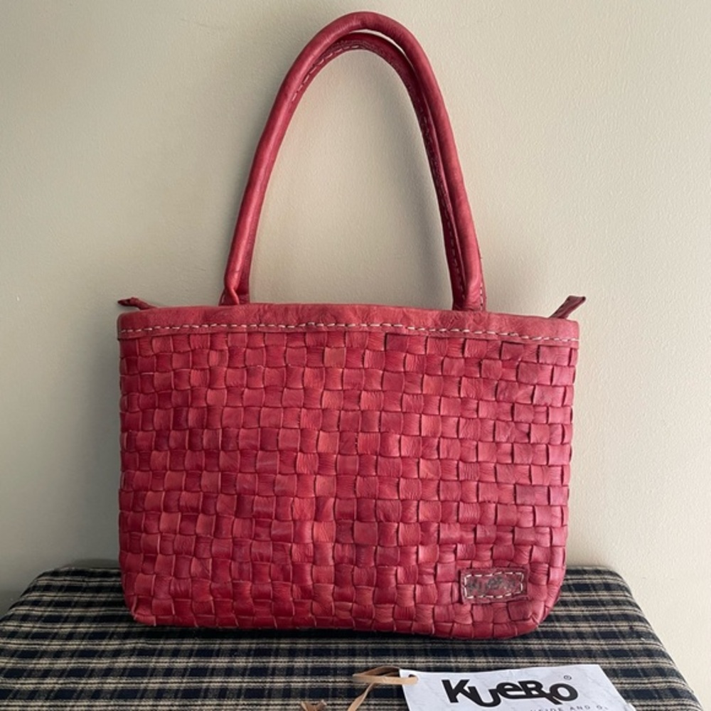 Woven Red Leather Tote Bag with Top Handles